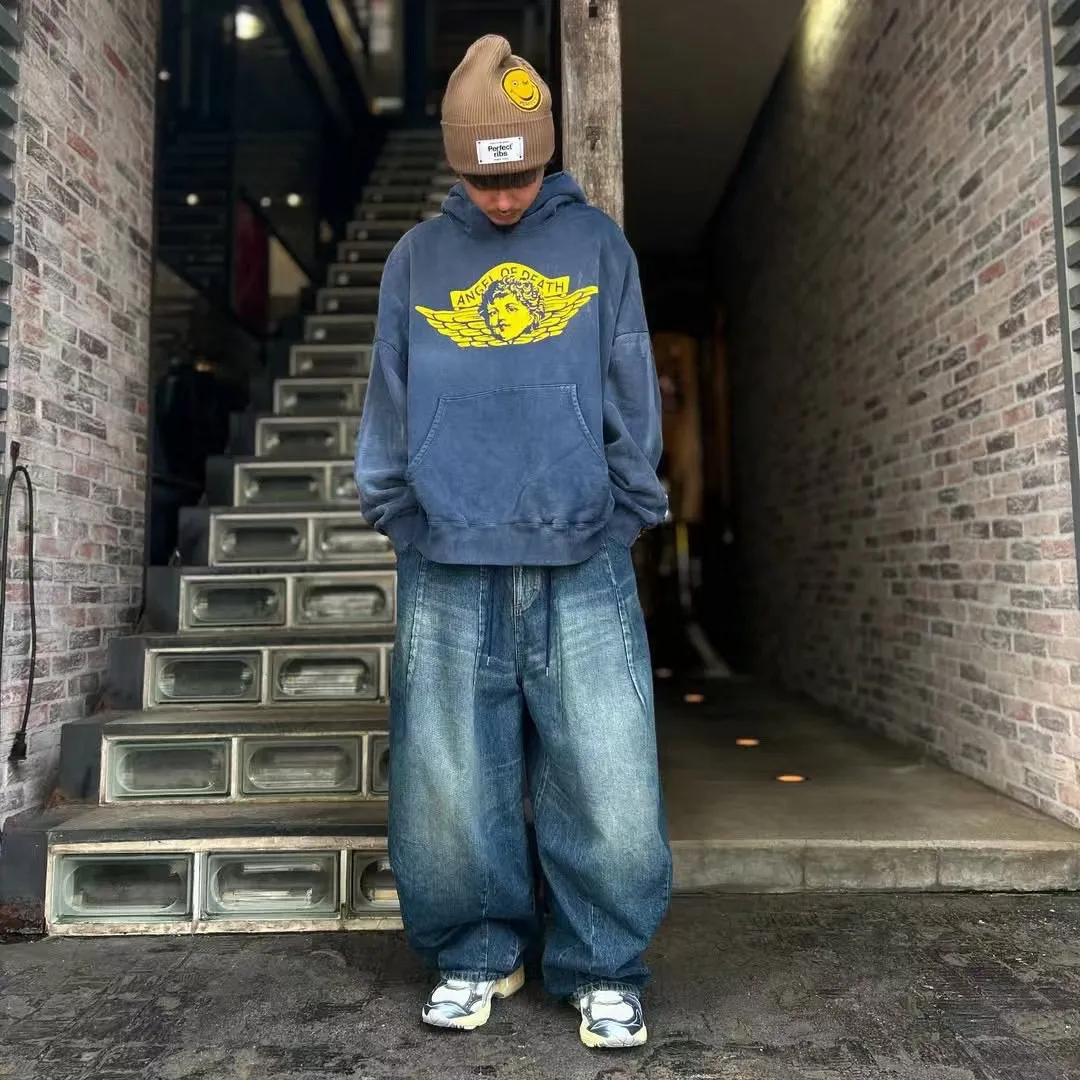 SAINT M×××××× ANGEL HOODIE/NAVY Angel Reborn Blue Hoodie Washed Blue S-XL Assute Garment Dyeing Full Clothes Water Fading Mud Dyeing Dirty Distress New Vintage Ceiling God Tailoring Original Super Loose Fit Customized Original Accessories God-level Print Restoration